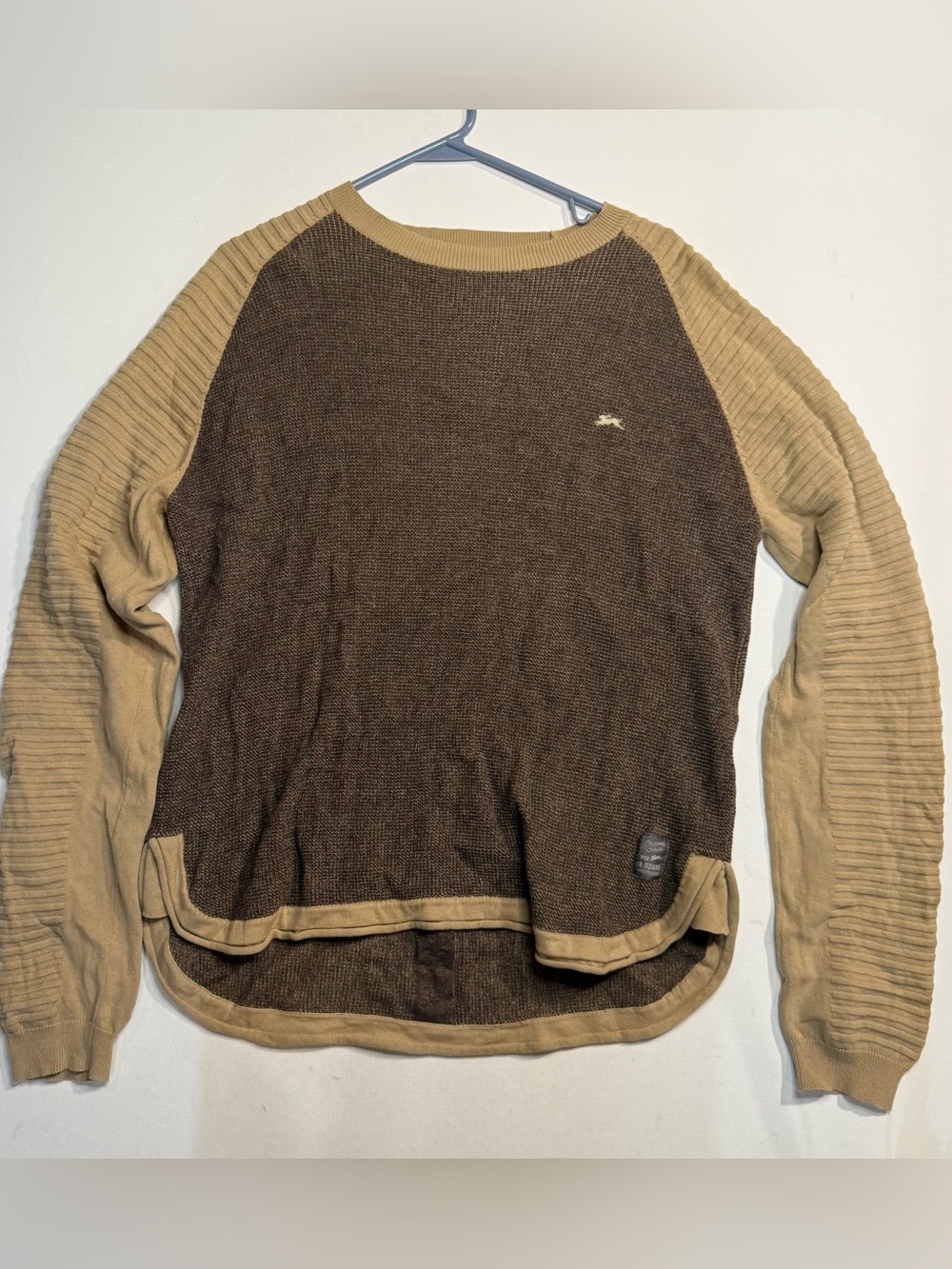 Men's Two-Tone Brown Crewneck Sweater with Tan Sleeves